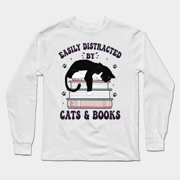 Easily distracted by cats and books Long Sleeve T-Shirt by David Brown